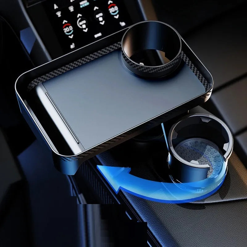 Black car dinner tray holder with 360-degree rotating mechanism mounted in vehicle cup holder