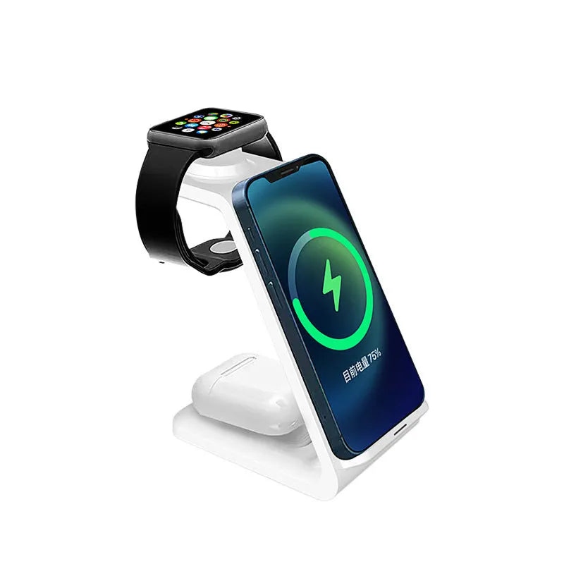 White upright wireless charging phone holder with Type-C cable on desk