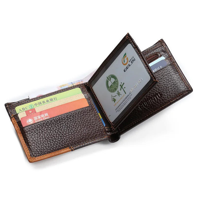 Soft leather men's wallet with personality stitching showing card slots and zipper compartment