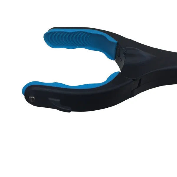 Blue telescopic folding walking stick shown extended and collapsed to 13cm, with TPR handle.