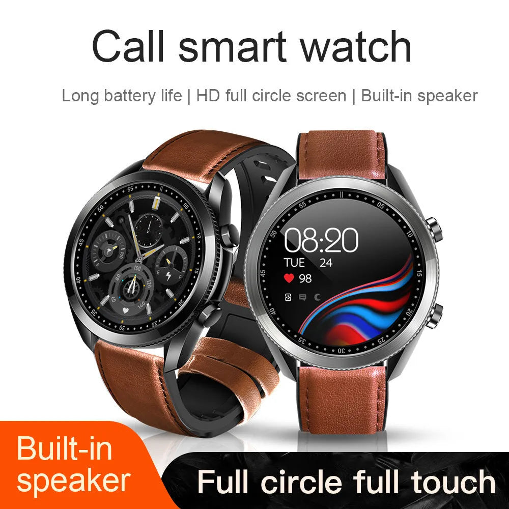 UM90 black smart call watch with leather strap showing large screen displaying fitness stats.