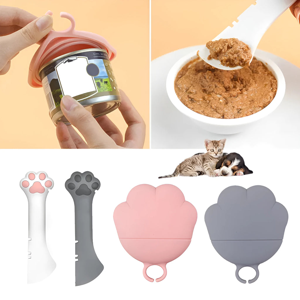 Multifunction silicone pet food spoon and can opener with pink lid, 5.1 inches long, paw-shaped scoop, white background