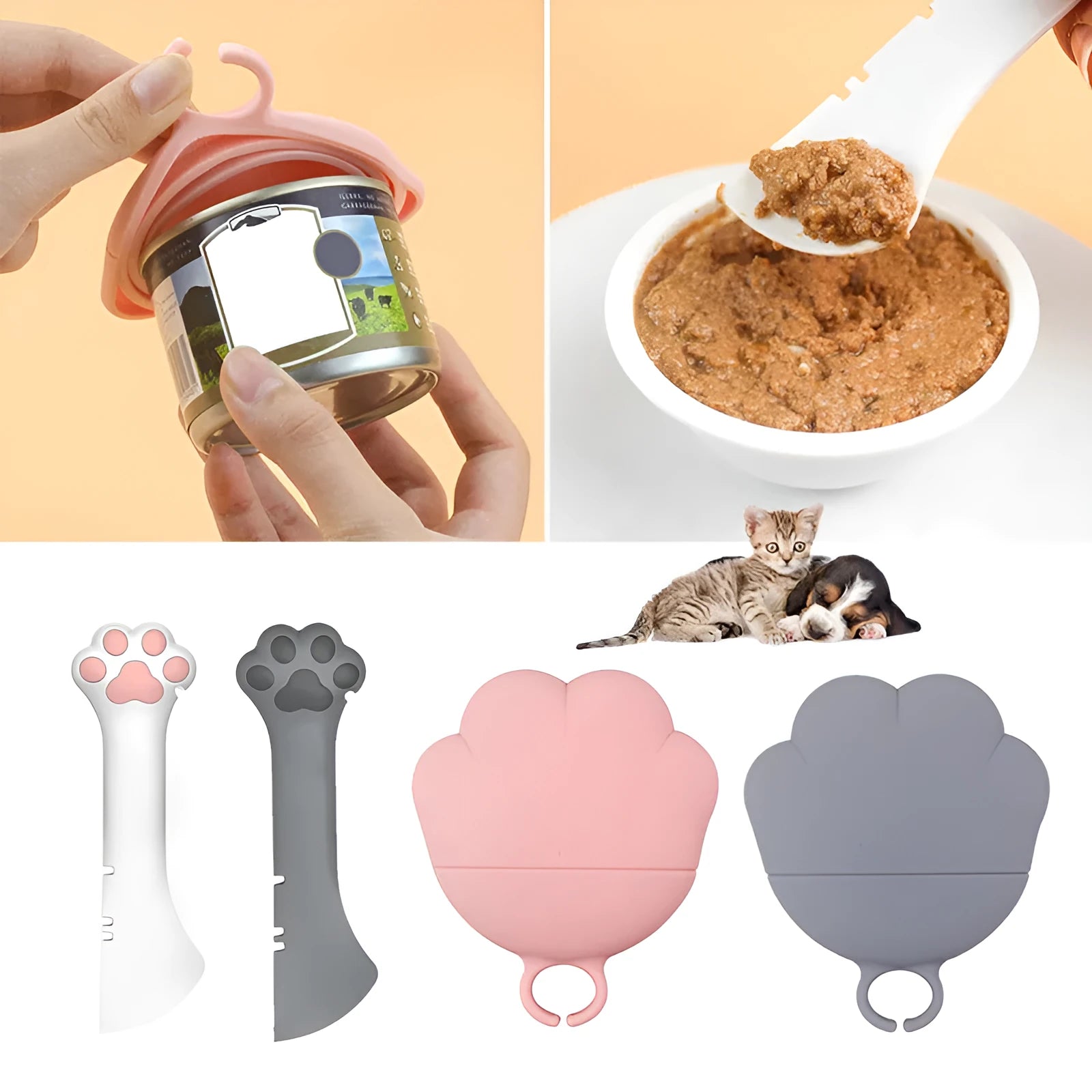 Multifunction silicone pet food spoon and can opener with pink lid, 5.1 inches long, paw-shaped scoop, white background