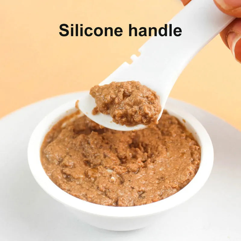 Multifunction silicone pet food spoon and can opener with pink lid, 5.1 inches long, paw-shaped scoop, white background