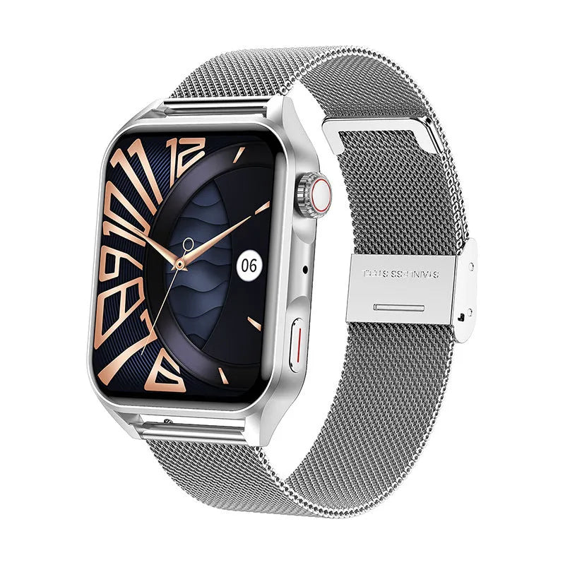 Pink HD AMOLED NFC smart watch with a silicone strap on a wrist, showing a multi-dial screen.