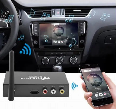 Black car mirror link box Wi-Fi A/V converter with power cable, antenna, AV cable, and manual for smartphone screen mirroring.