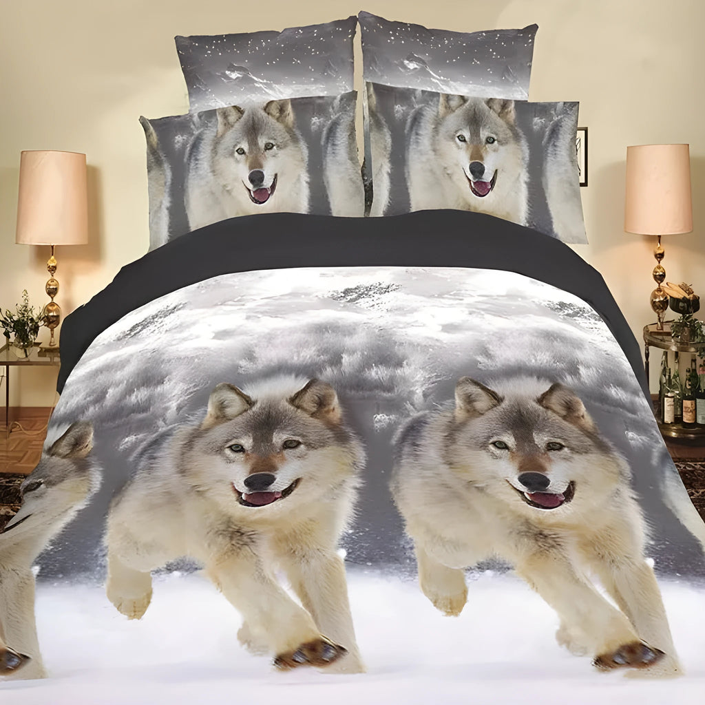 Wolf print polyester fibre queen size bedding set with quilt cover, crimped sheet, and two pillowcases