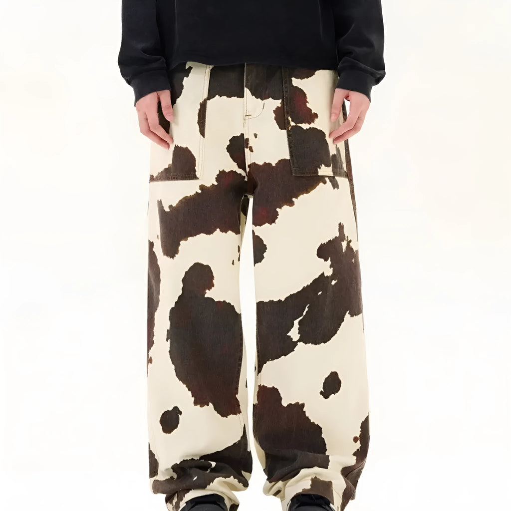 Men's straight-leg casual trousers with American retro cow pattern print in cow colour