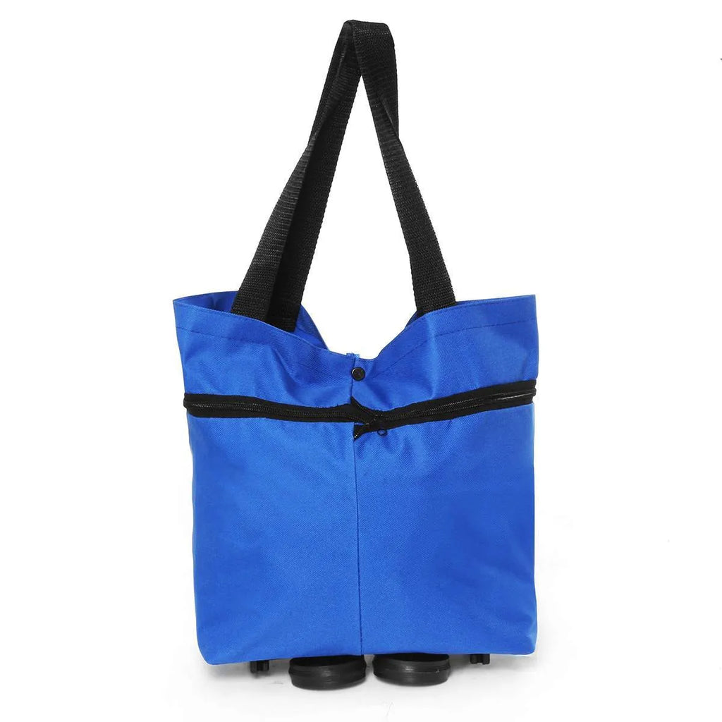 Foldable tug shopping cart in sapphire blue with Oxford cloth bag, metal bracket, and button closure