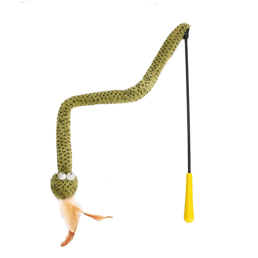 Green snake design cat teasing stick with feather attachment measuring 140cm long