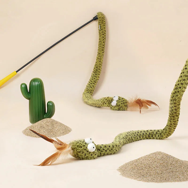 Green snake design cat teasing stick with feather attachment measuring 140cm long