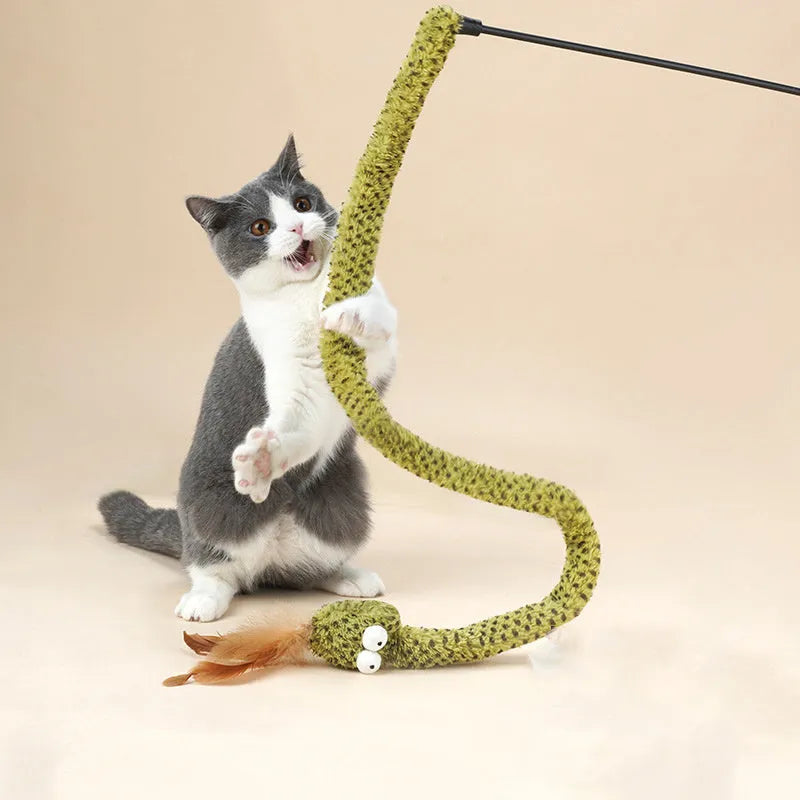 Green snake design cat teasing stick with feather attachment measuring 140cm long