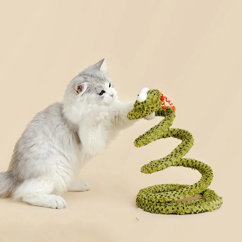 Green snake design cat teasing stick with feather attachment measuring 140cm long