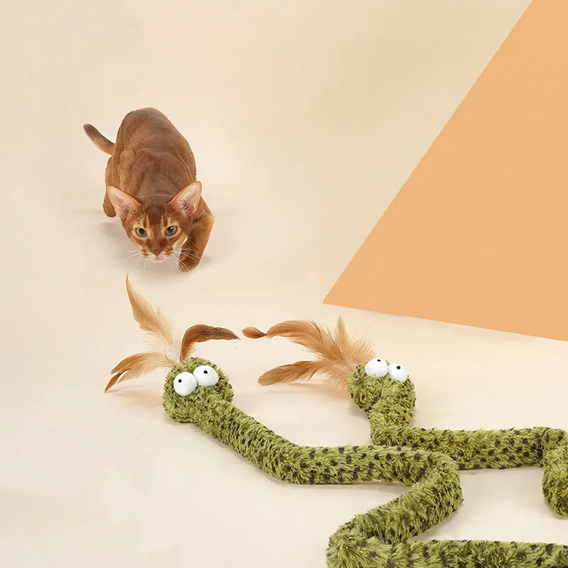 Green snake design cat teasing stick with feather attachment measuring 140cm long
