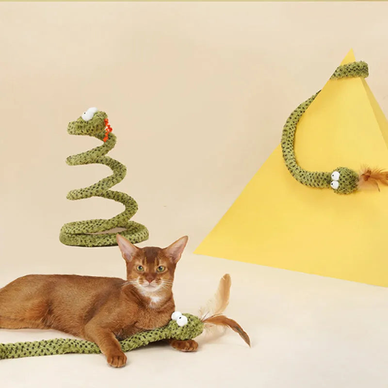 Green snake design cat teasing stick with feather attachment measuring 140cm long