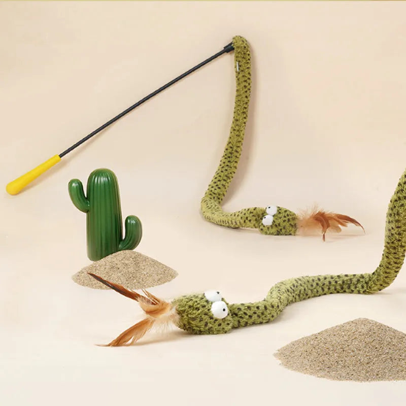 Green snake design cat teasing stick with feather attachment measuring 140cm long