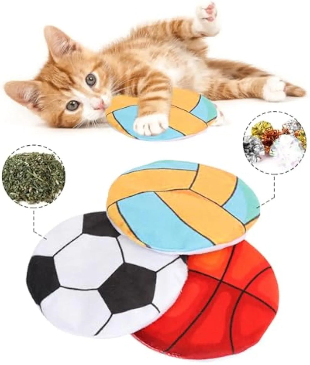 Soft plush disc cat toy in sports designs with catnip and crinkle sound inside for interactive play.