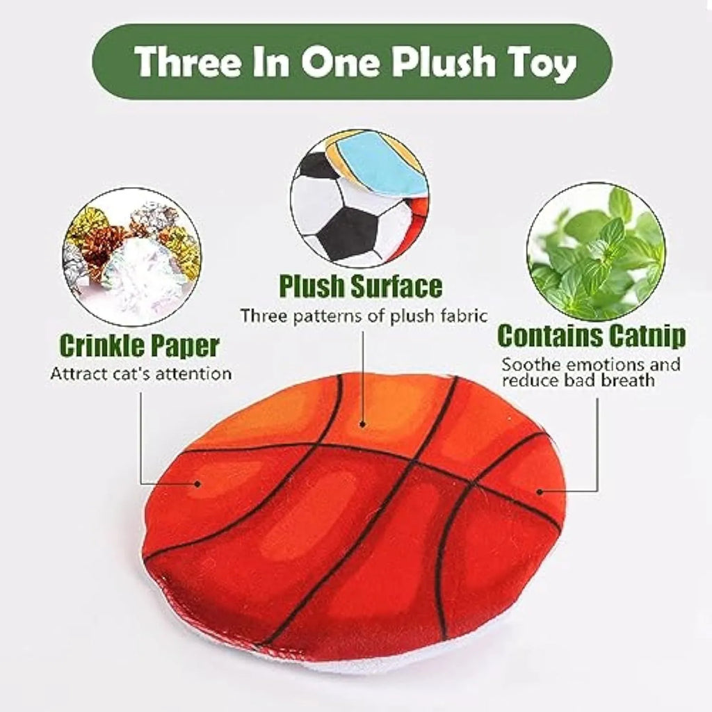 Soft plush disc cat toy in sports designs with catnip and crinkle sound inside for interactive play.