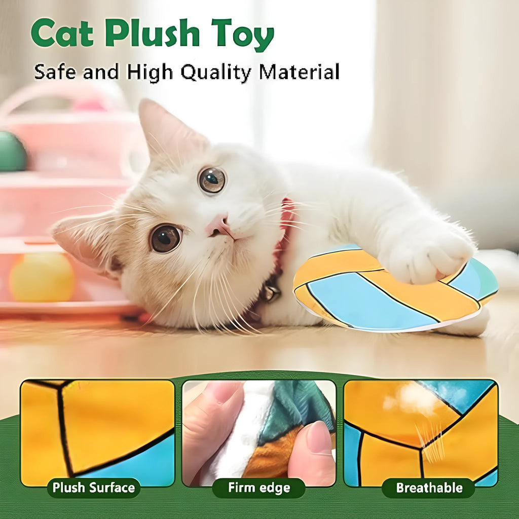 Soft plush disc cat toy in sports designs with catnip and crinkle sound inside for interactive play.