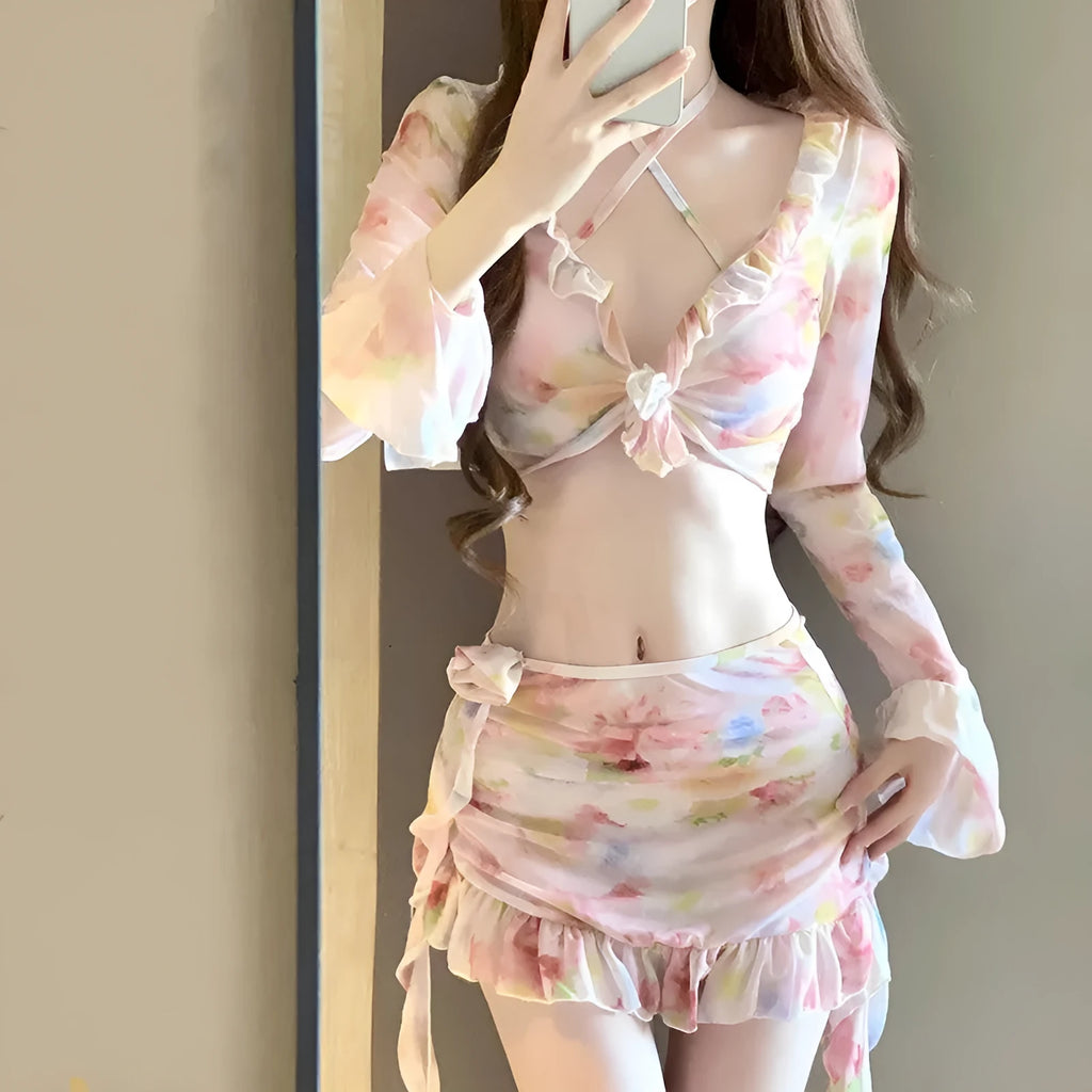 Women's floral bikini swimsuit set in cherry blossom pink colour with sizing chart
