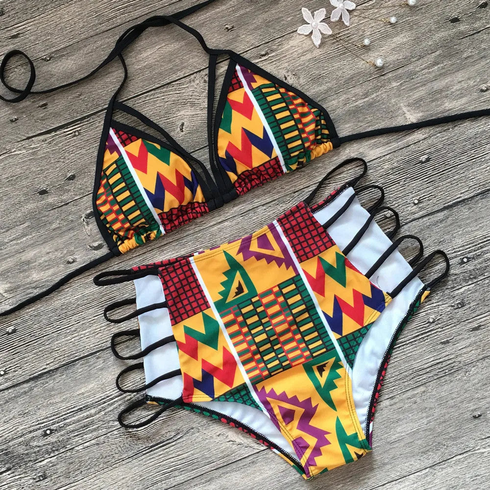 Women's high-waist bikini swimsuit with digital printing and backless design on a mannequin.
