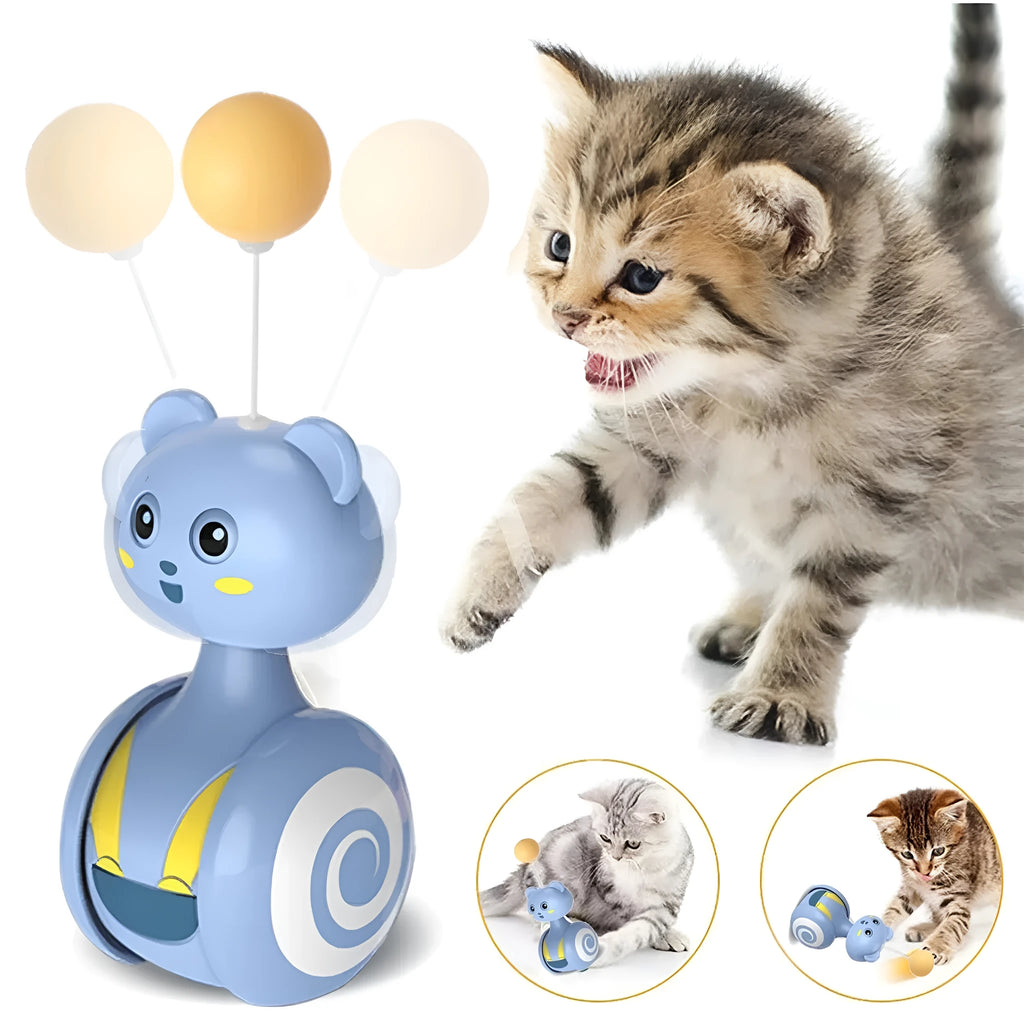 Cat interactive tumbler toy with rotating feather wand and ball attachments in pink or blue colours