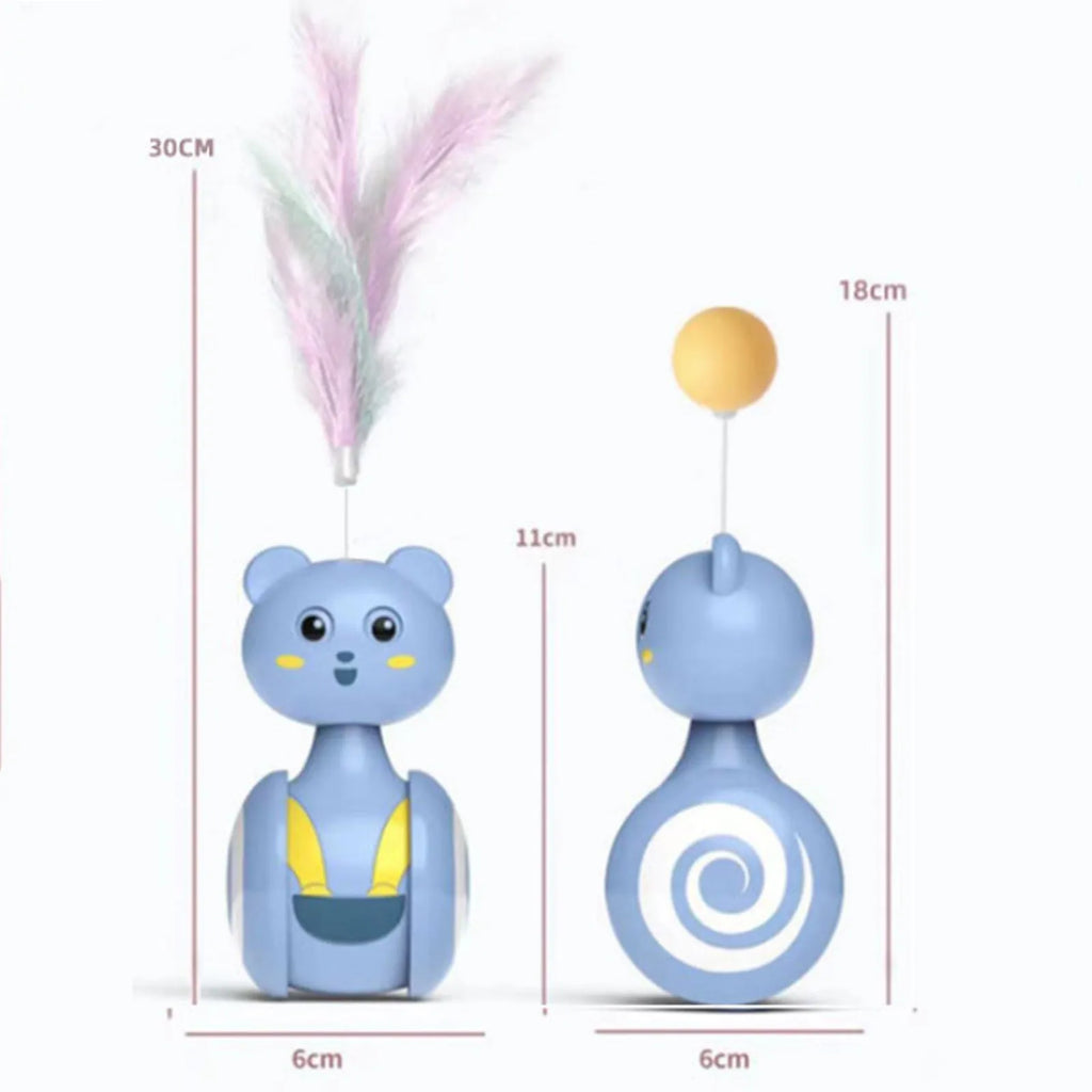 Cat interactive tumbler toy with rotating feather wand and ball attachments in pink or blue colours