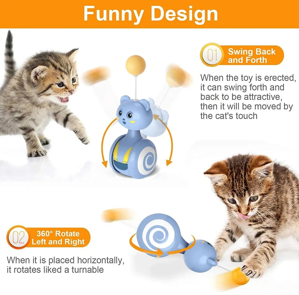 Cat interactive tumbler toy with rotating feather wand and ball attachments in pink or blue colours