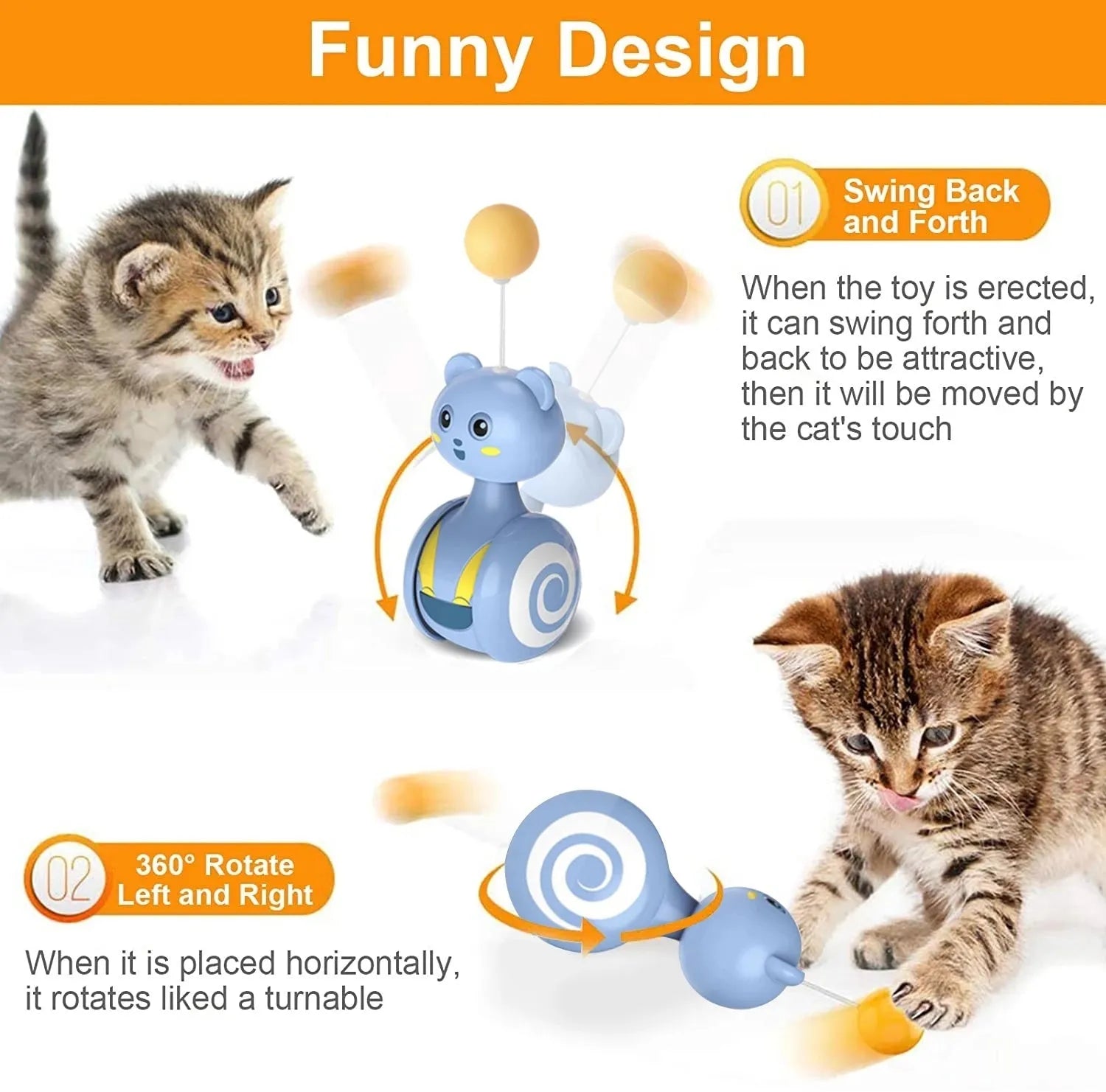 Cat interactive tumbler toy with rotating feather wand and ball attachments in pink or blue colours