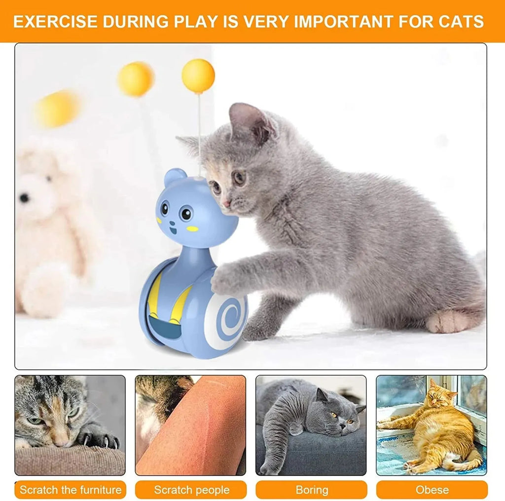 Cat interactive tumbler toy with rotating feather wand and ball attachments in pink or blue colours