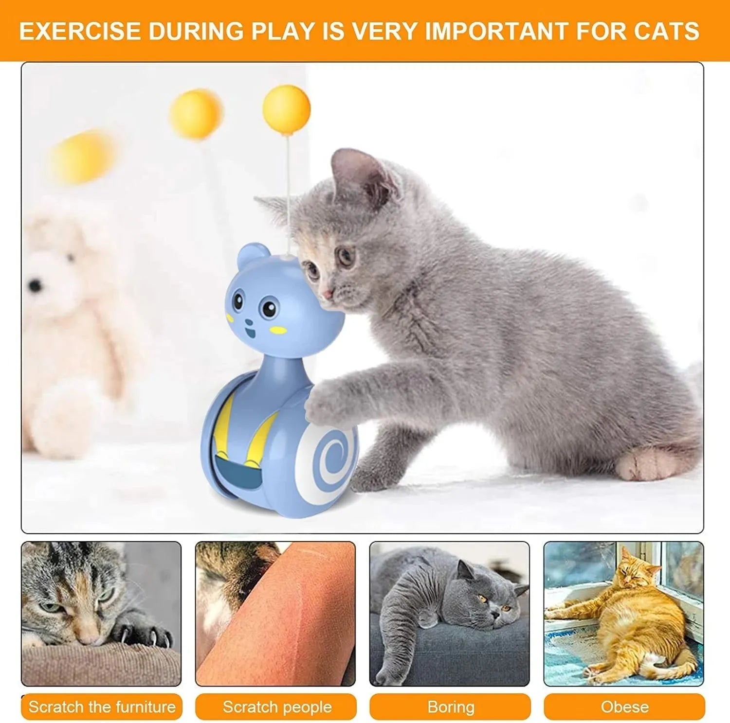 Cat interactive tumbler toy with rotating feather wand and ball attachments in pink or blue colours