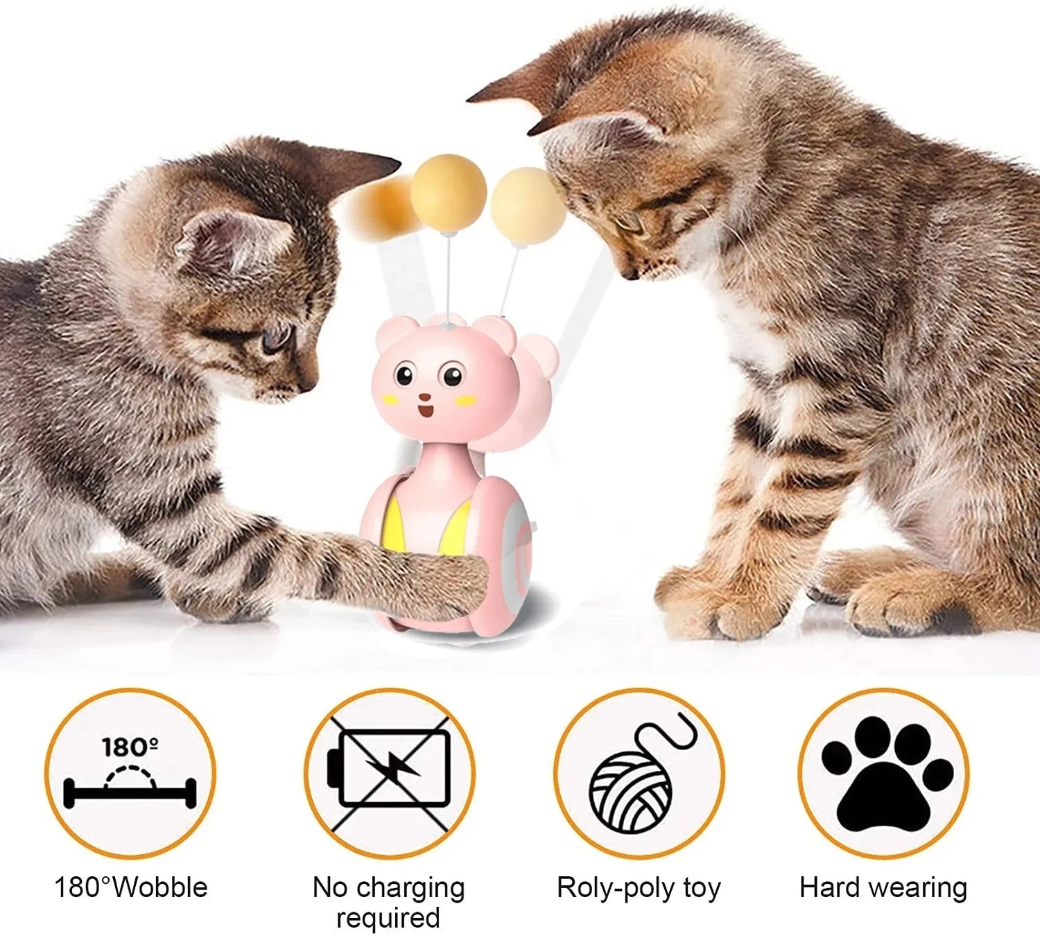 Cat interactive tumbler toy with rotating feather wand and ball attachments in pink or blue colours