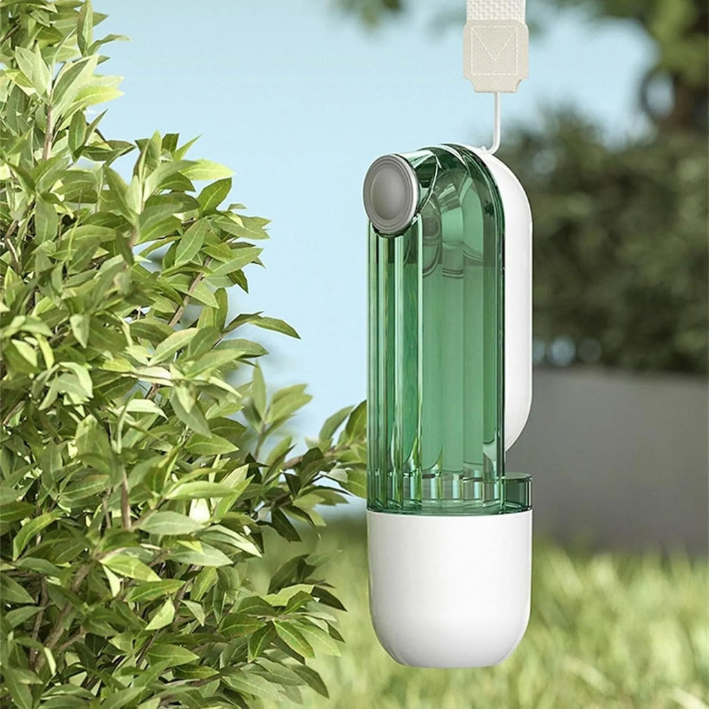 Beige or green foldable dog water bottle with food container, showing large drinking opening and compact size.
