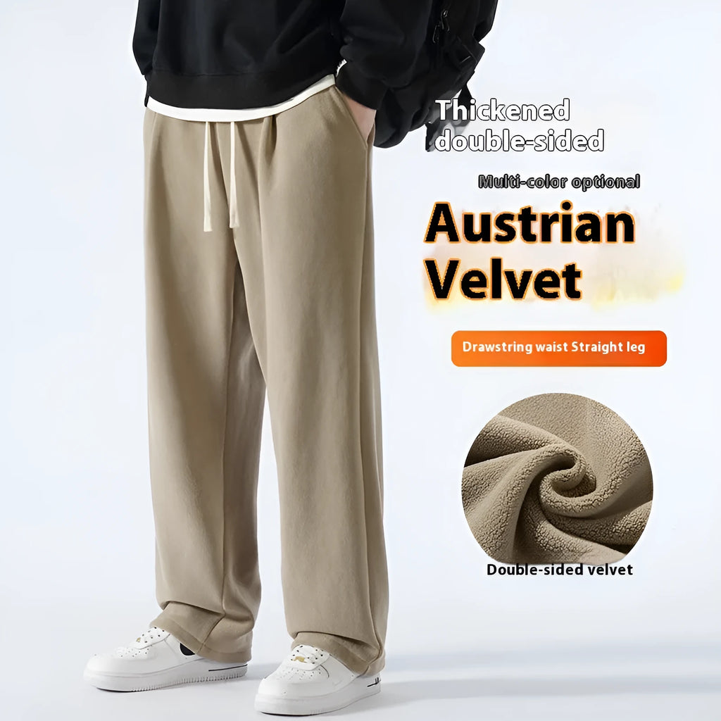 Men's apricot fleece-lined loose sports casual pants with drawstring waist