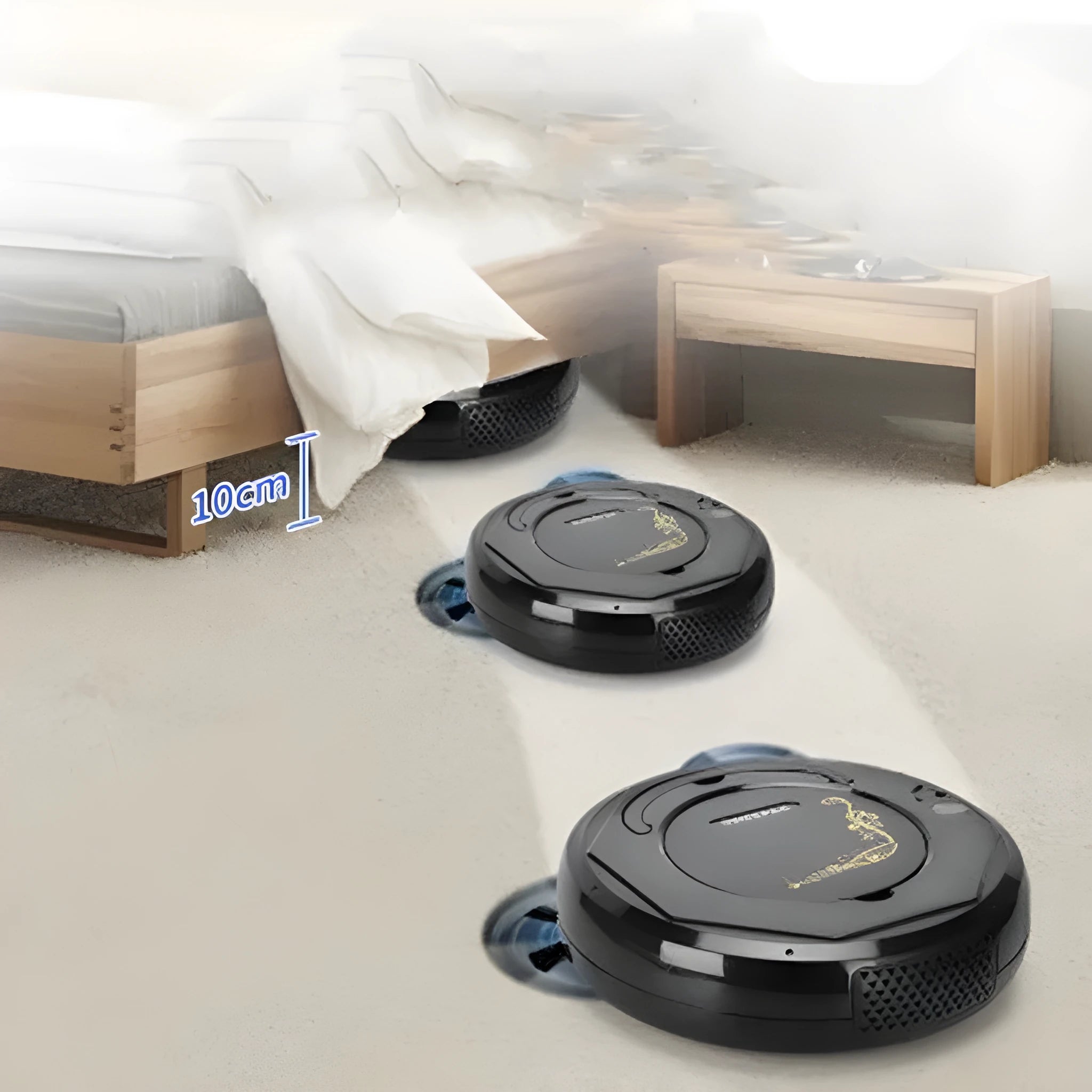 Blue Lazy Smart floor sweeping robot vacuum cleaner on a wooden floor