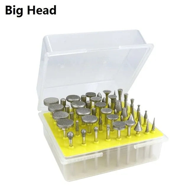 Golden diamond alloy grinding head with 3mm shank and elliptical cone shape for stone carving