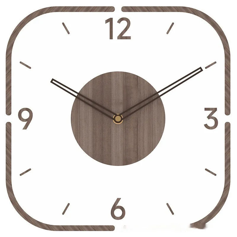 Modern transparent wooden frame wall clock showing 35cm square design with wooden shell