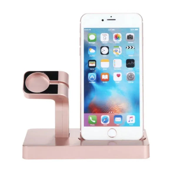 White 2-in-1 desktop charging dock holding an iPhone and an Apple Watch, showing cable cutout and non-slip base.