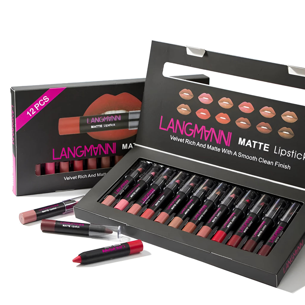 Non-stick cup matte velvet lipstick set with 12 long-lasting 3.5g lipsticks in a range of colours