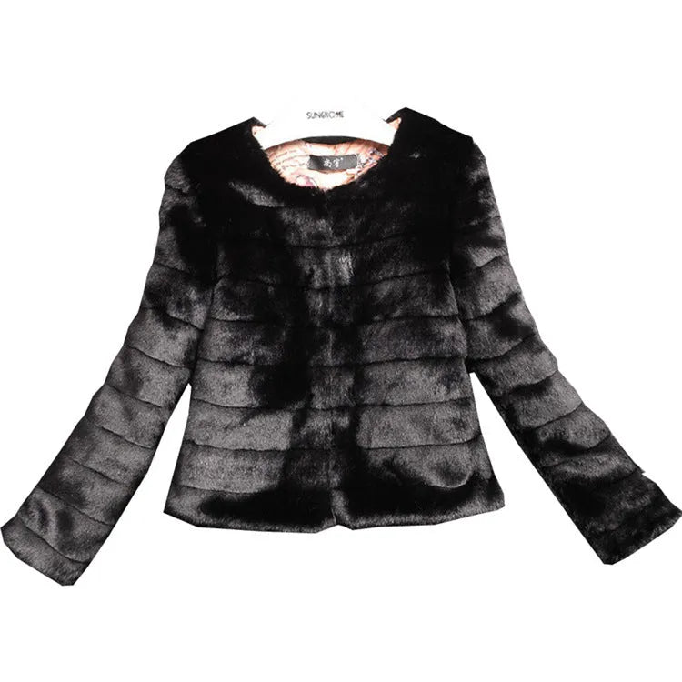 Women's cropped faux fur top in beige, shown on a model, with regular sleeves and a short length.