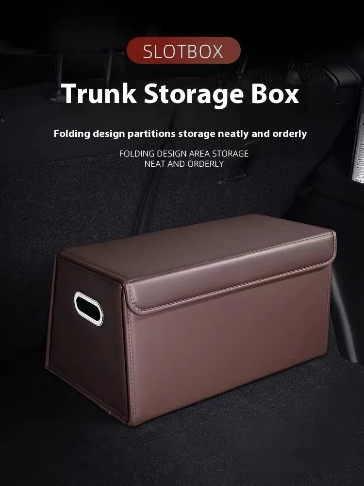 Folding car trunk storage organiser in waterproof leather, available in black, brown, and wine red colours with medium and small size options.