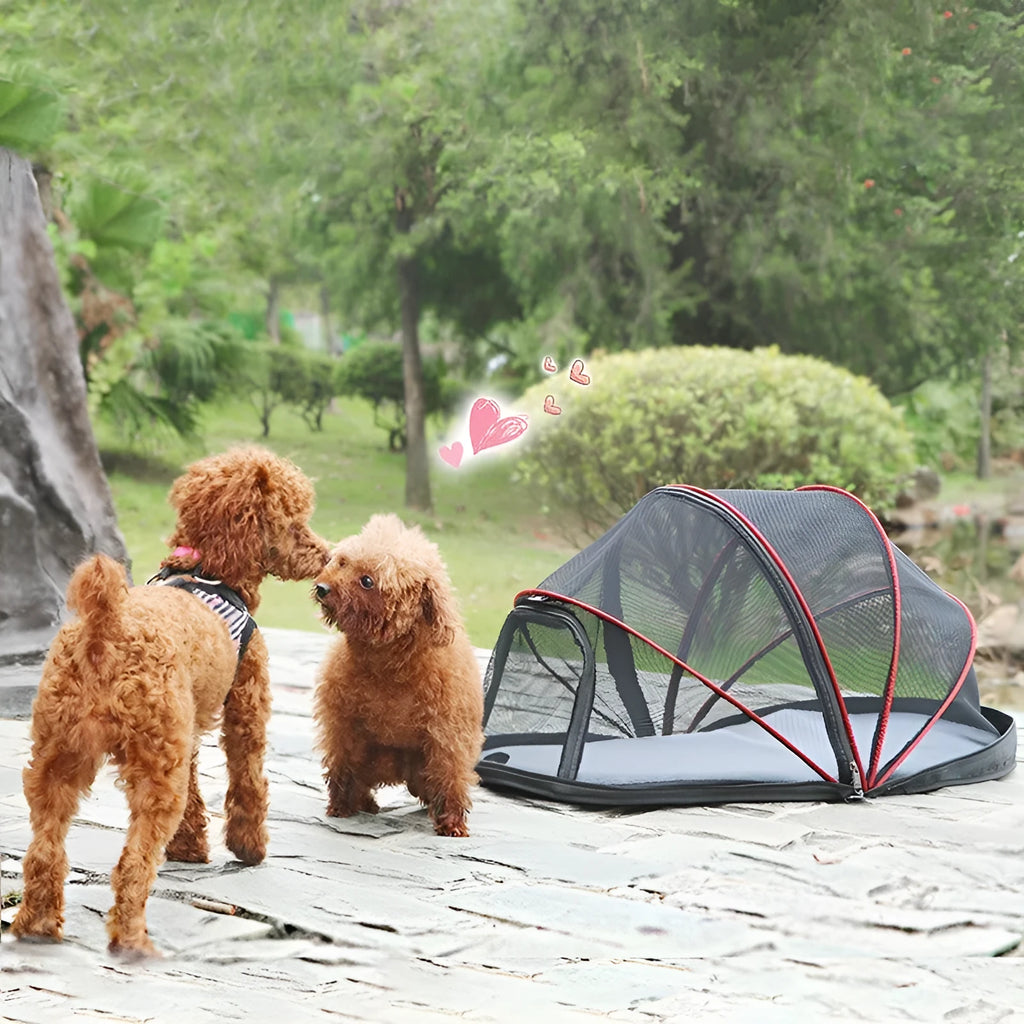 Blue half mesh folding pet tent for cats, shown in a collapsed and portable state.