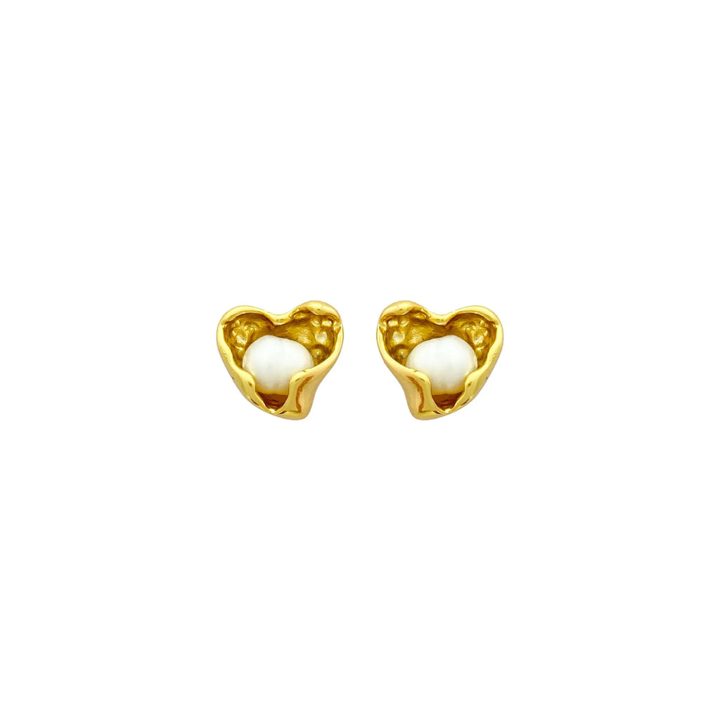 Pair of copper heart shaped irregular pearl earrings with electroplating finish on white background