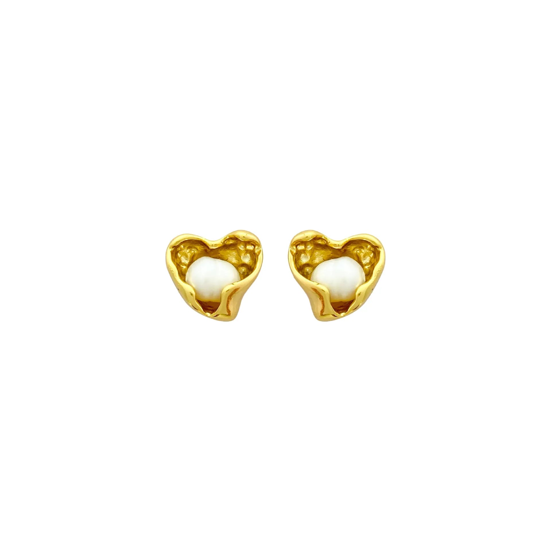 Pair of copper heart shaped irregular pearl earrings with electroplating finish on white background