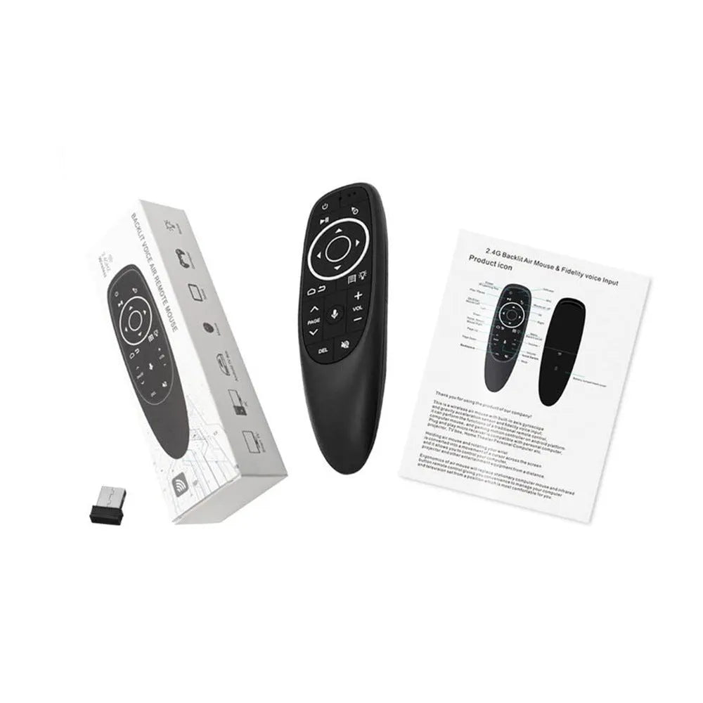 G10 series intelligent voice remote control with plastic shell and silicone buttons showing three colour-coded model variants