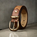 Men's cattlehide leather casual belt with copper buckle in black, brown and khaki colours