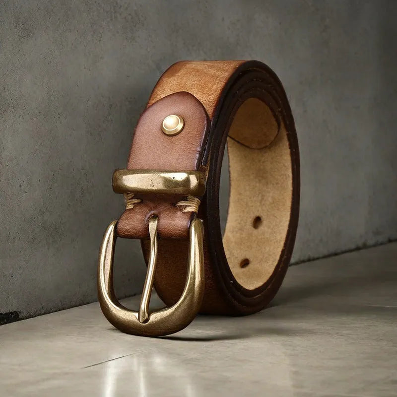 Men's cattlehide leather casual belt with copper buckle in black, brown and khaki colours