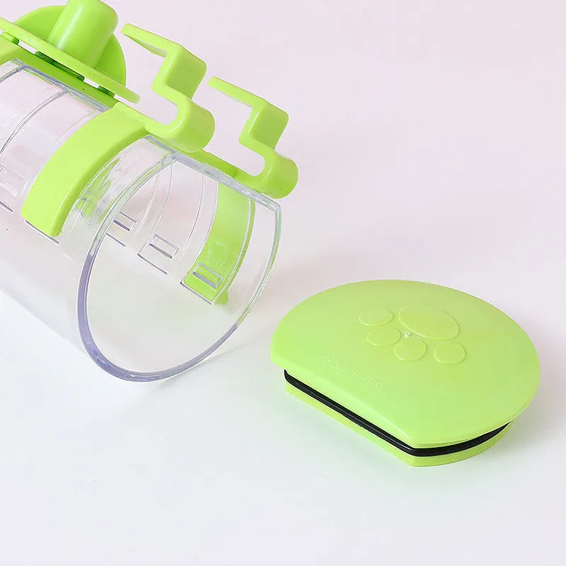 No drip dog kennel water bottle dispenser with dripless nozzle, hanging in a crate, available in blue, green, pink, and yellow