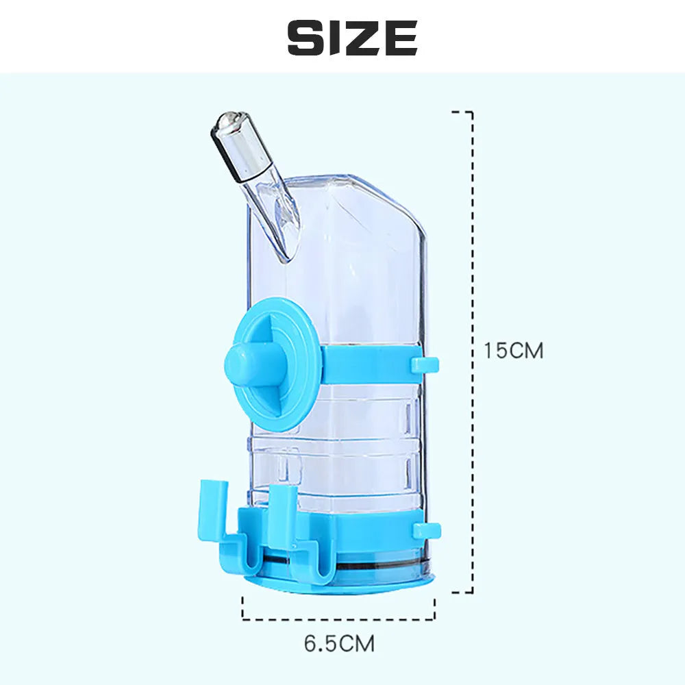 No drip dog kennel water bottle dispenser with dripless nozzle, hanging in a crate, available in blue, green, pink, and yellow