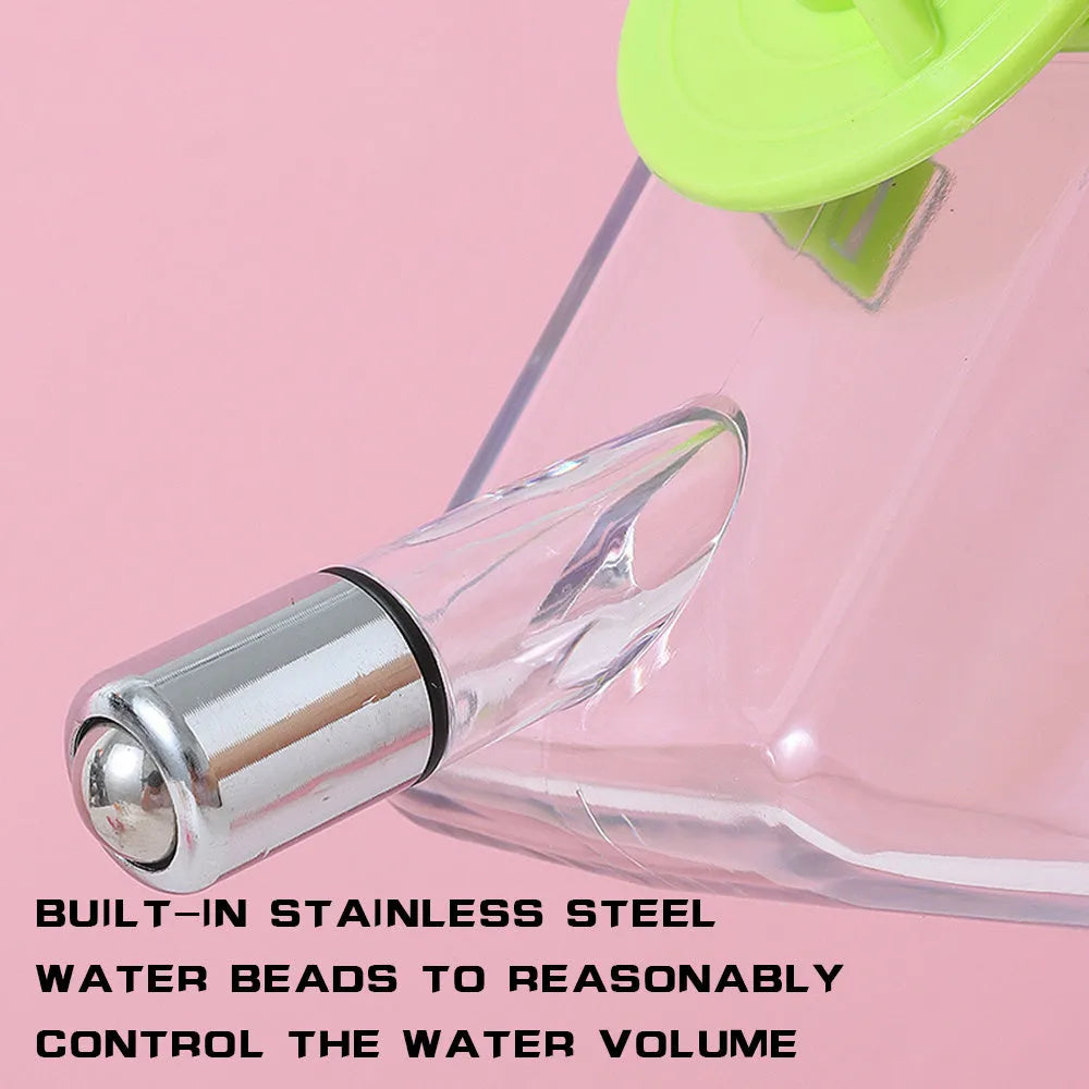 No drip dog kennel water bottle dispenser with dripless nozzle, hanging in a crate, available in blue, green, pink, and yellow